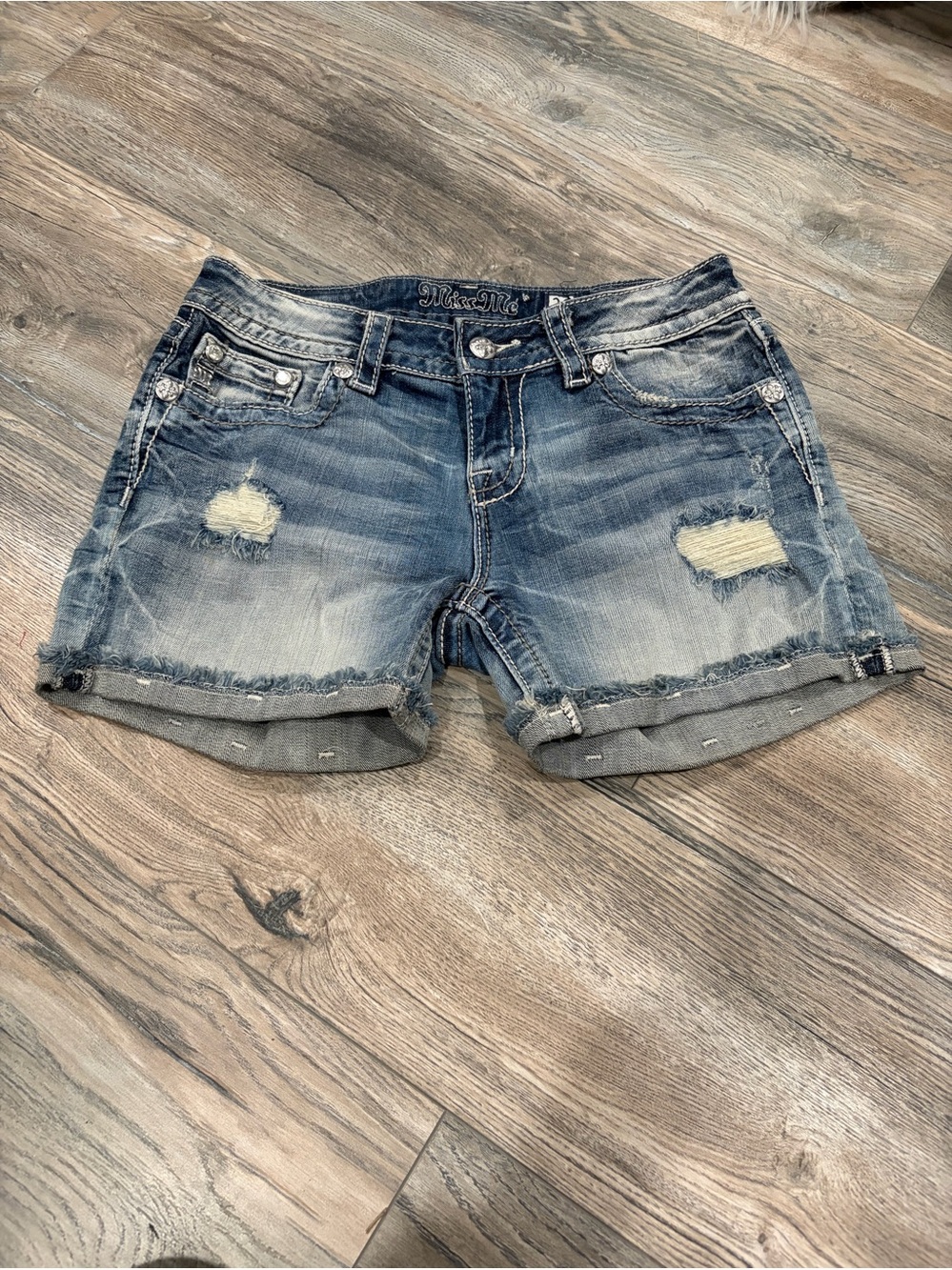 Miss Me Faded Distressed Roll-Cuff Denim Shorts - Blue